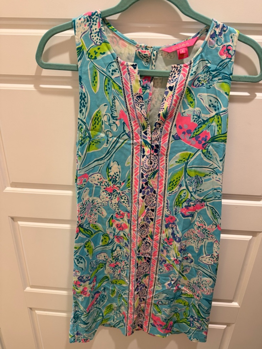 Lilly Pulitzer Aqua Floral Sleeveless Shift Dress with Pink & Green Accents - Picture 6 of 6